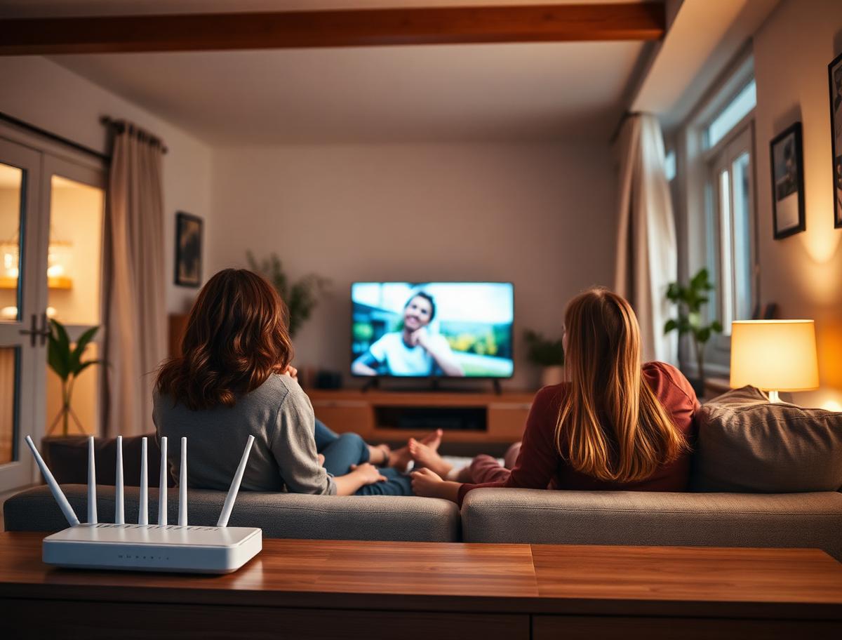 Familie zu Hause vor dem Fernseher, WLAN-Router im Vordergrund