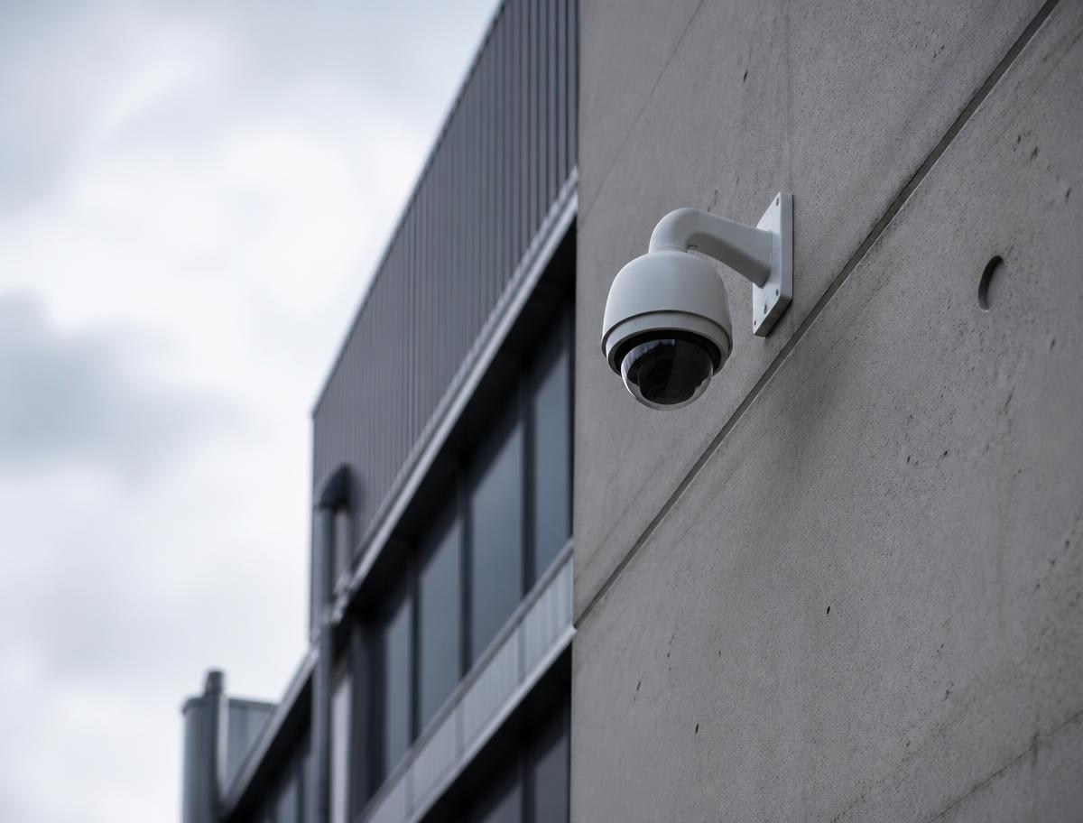 IP-Überwachungskamera an einer Betonfassade im Außenbereich