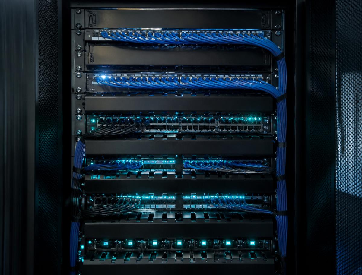 Sauber verkabelter Netzwerkverteilerschrank mit Patchfeldern und Switches