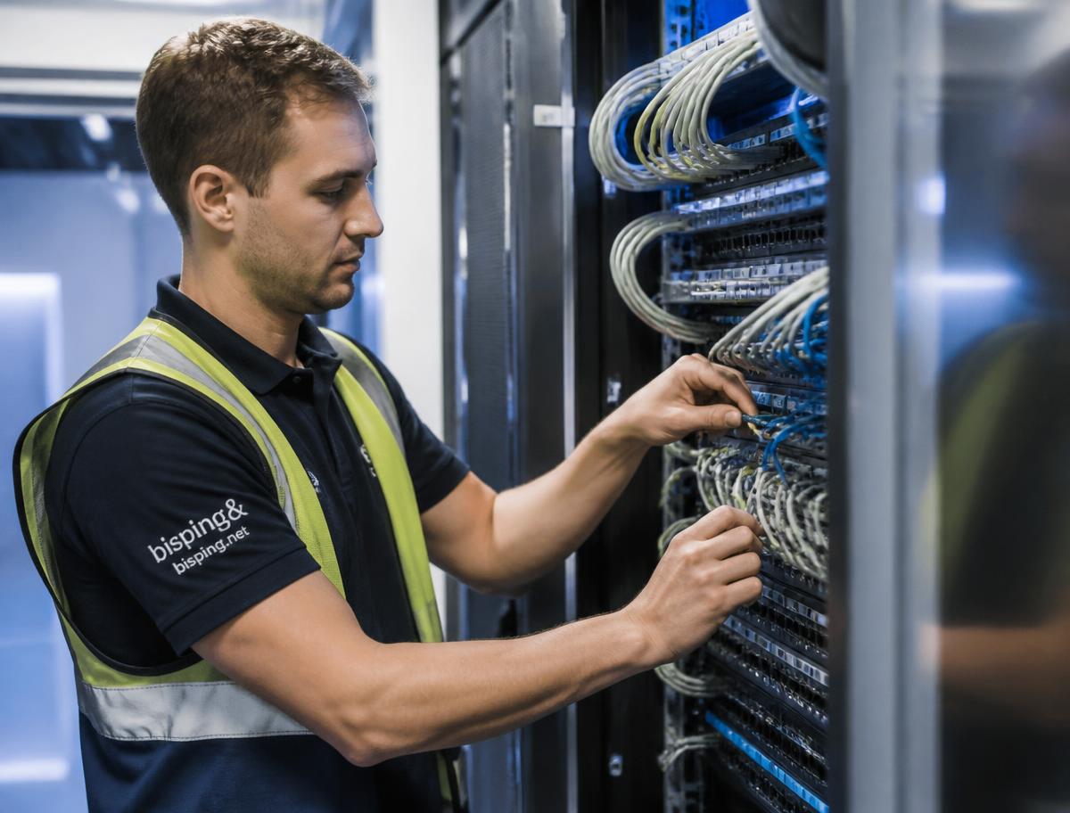 Techniker der SLK Solutions patcht Netzwerkkabel an einem Serverschrank